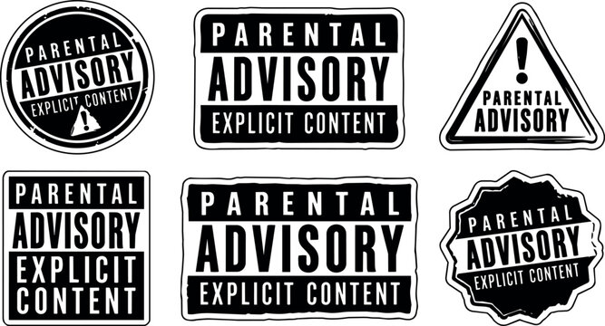 Black and white parental advisory explicit content label vector set with varied shapes