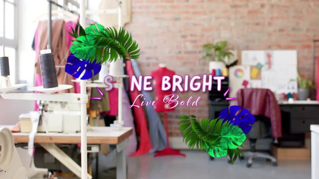 Vertical video: Neon title appearing above fashion studio, starting leaves turning hiding text