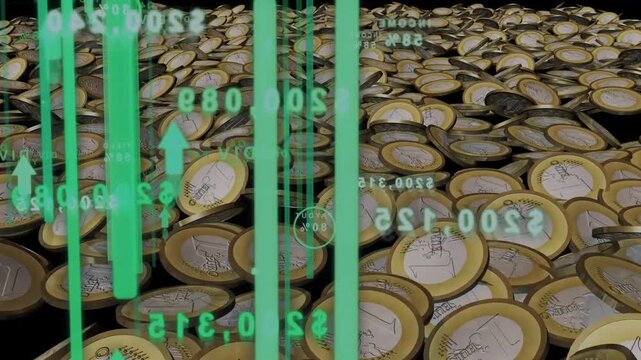 At start coin field covering void, green HUD bars rising over coins, pulsing, showing market gains