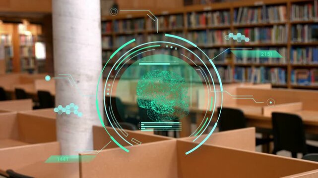 Teal HUD appearing over study carrels, animating rings, forming brain cloud for education visuals