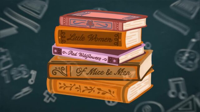 On play drawn books rotating, shifting and settling with chalk doodles showing titles for education