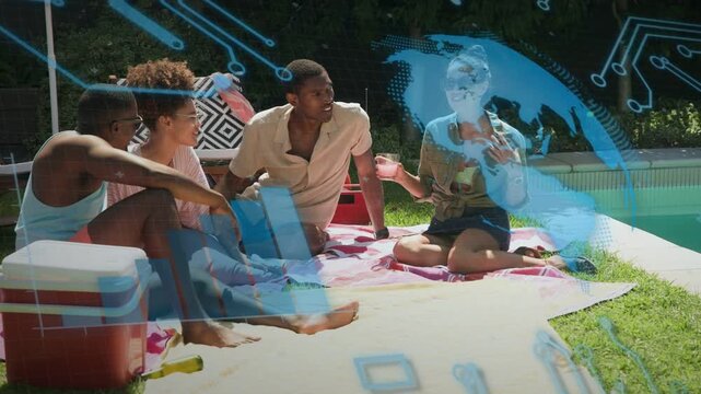 Leftmost man pointing initiating friends chatting poolside technology globe overlay obscuring faces