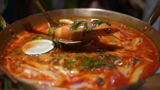 Close-up of a spoon dipping into a rich and flavourful Tom-Yum Goong seafood soup, made with a spicy tomato broth and loaded with fresh fish and shellfish