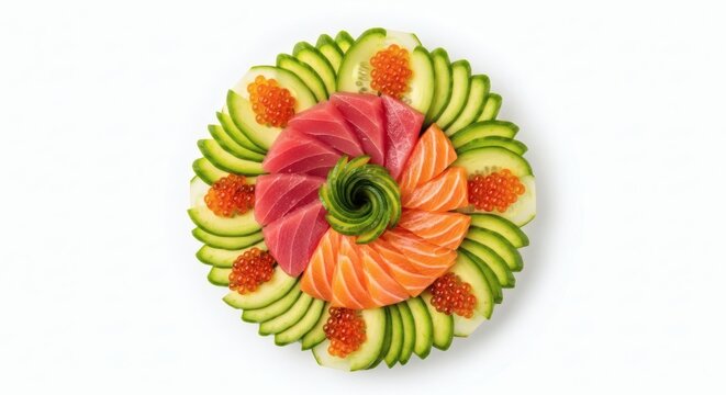 Overhead Top Shot Deconstructed Sushi with Otoro Salmon Avocado Cucumber Tobiko on White Background
