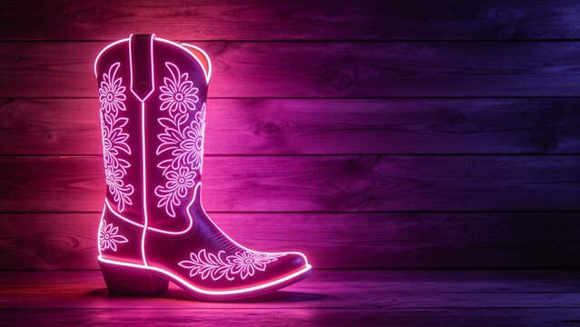 Neon cowboy boot with floral design