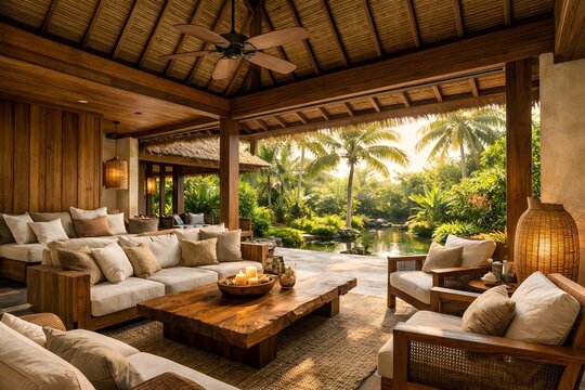 Tropical Open Air Living Room with Wooden Furniture and Garden Pond View