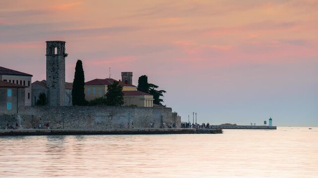 Porec Croatia Old Town Waterfront and Euphrasian Basilica Bell Tower at Sunset, Historic Venetian Architecture on Adriatic Sea Coastline