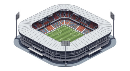 Isometric view of a colorful soccer stadium design showcasing a meticulously detailed field and seating arrangement, rendered with a clean, modern aesthetic against a stark white © NanzZ
