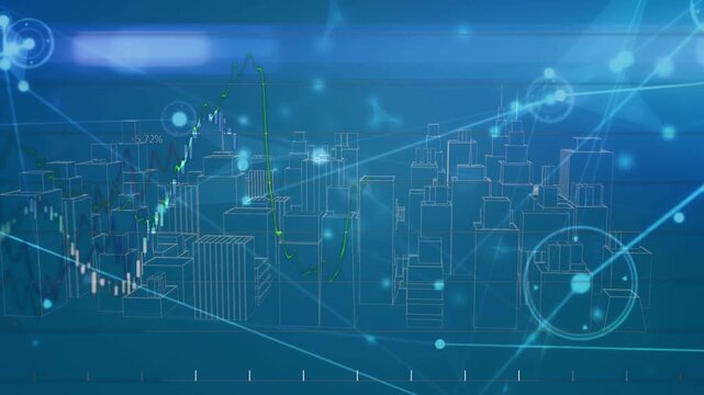 Wireframe cityscape receiving incoming candlestick chart and mapping nodes to % markers for finance