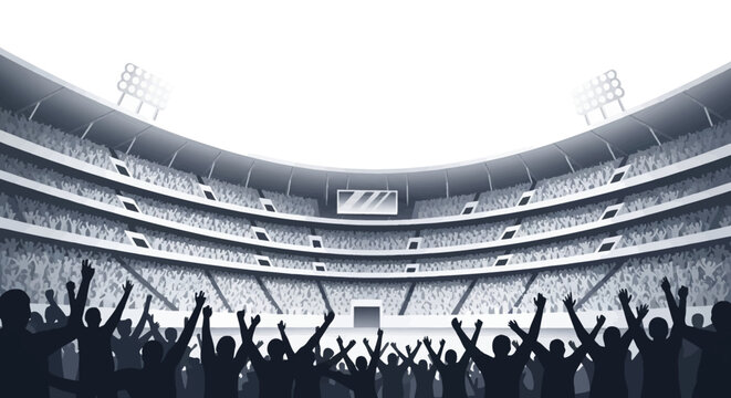 A digital illustration depicts a crowd celebration within a vast stadium, their silhouettes raised in excitement against the bright backdrop of the upper seating and floodlights