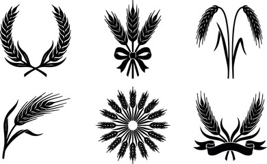 Fototapeta premium Black and white wheat sheaf and ears vector art collection with ribbons and wreaths