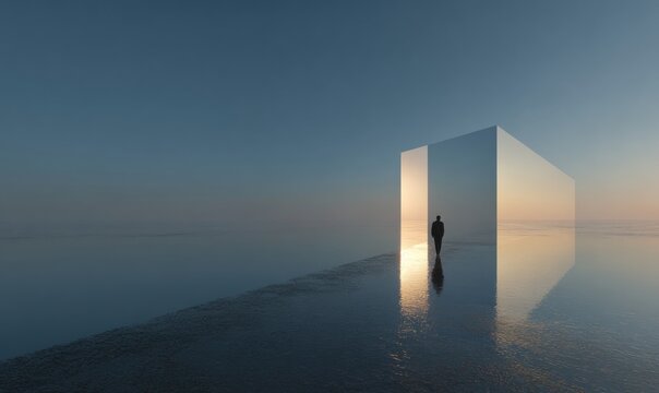 Person stands before glowing cube reflecting sunset over water