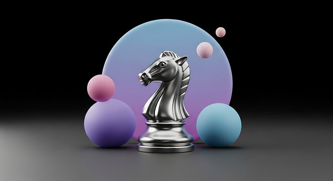 Silver chess knight piece centered with soft spheres and a gradient circle, strategic concept, abstract background