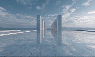 Naklejka premium Modern abstract art installation with mirrored ground and cloudy sky