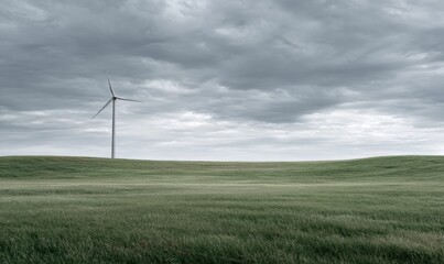 Obraz premium Windmill in open green field under grey overcast skies