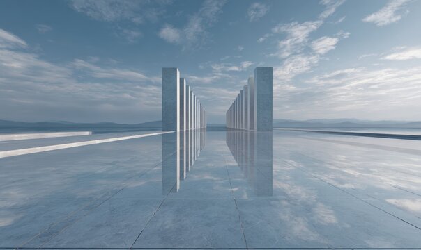 Modern abstract art installation with mirrored ground and cloudy sky