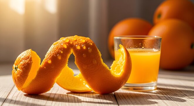 Kulit jeruk, glass of orange juice and oranges, Orange peel