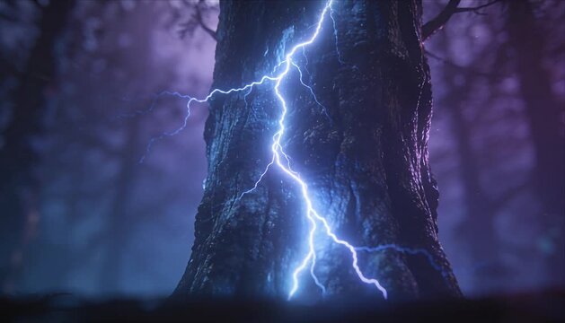 Lightning tree forest night fantasy magic thunderstorm glow neon bark, electric lightning bolt forest tree trunk night fantasy nature glow storm energy, surreal neon glow fantasy tree bark closeup