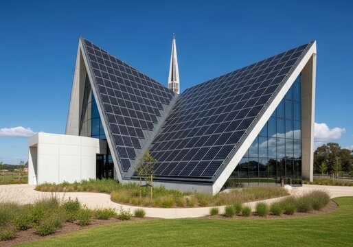 Modern church building with solar panel roof. Architecture integrating sustainable technology for renewable energy generation. Eco friendly spiritual center for community. Innovative design.