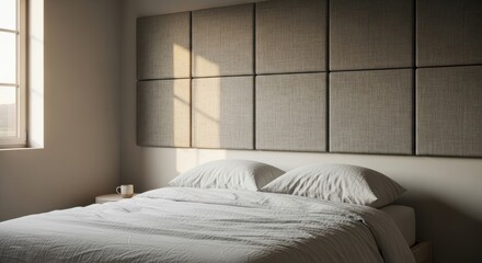 Fototapeta premium Woven acoustic fabric panels in natural linen above a bed with white bedding and sunlight in a serene bedroom.