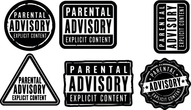 Black and white parental advisory explicit content label collection in various shapes vector art