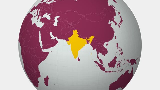 India map. Animated zoom into the country on the Globe in Pale Mint Dark Pink color palette. Country logo animation with round text and airplanes. Map with meridians, parallels. Vibrant video.