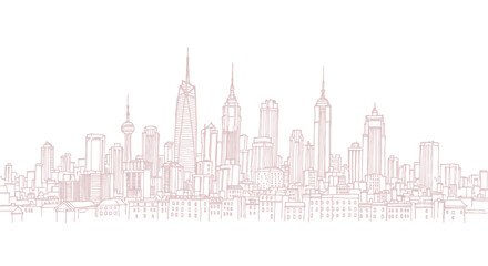 Fototapeta premium Line art of a sprawling city skyline in red outline on white background.