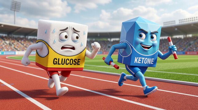 Funny 3D Cartoon Characters Glucose and Ketone Racing on Athletic Track &ndash; Metabolism Energy Concept