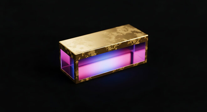 Rectangular prism with textured gold edges and translucent glass sides, glowing with purple and blue light, isolated on a black background, abstract technology or science concept