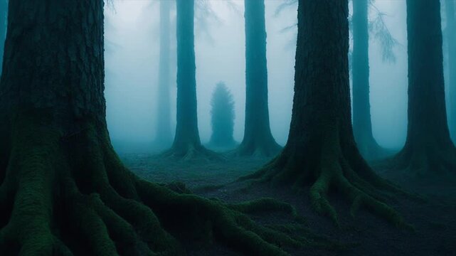 ティールミストの森 霧漂う幻想的な杉林 スローモーション映像