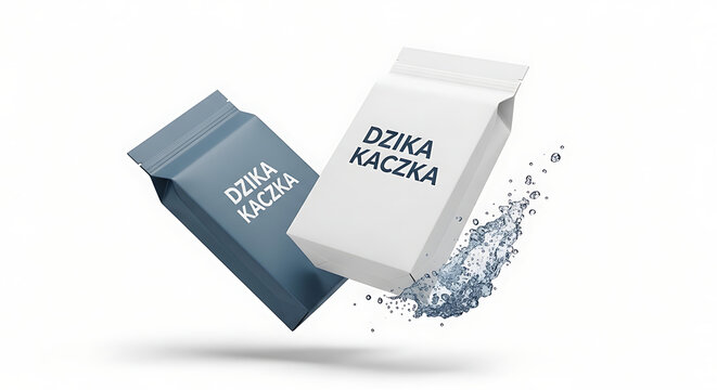 Two packaging bags floating in the air, one dark blue and one white, with dark blue specks scattering from the white bag, text on bags says "Dzik Kaczka"