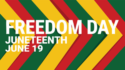 Vibrant Juneteenth Freedom Day celebration graphic featuring bold typography over red yellow and green geometric chevron stripes on June 19. © rama coloring studio