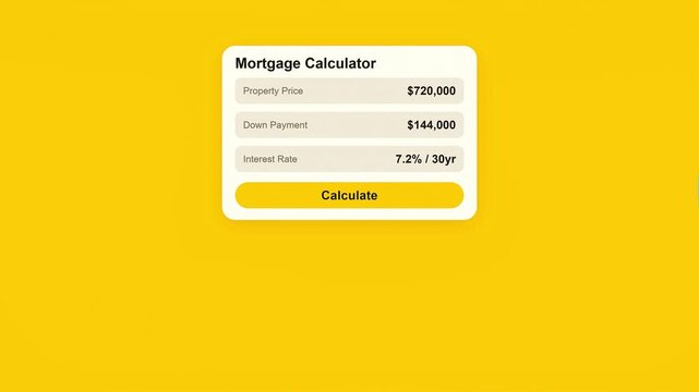 An animated mortgage calculator interface displaying property price, down payment, interest rate, and calculating monthly payments. Visualizes principal and interest amounts for financial planning