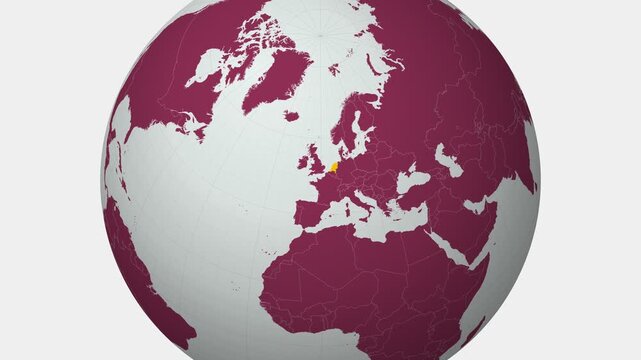 Netherlands map. Animated zoom into the country on the Globe in Pale Mint Dark Pink color palette. Country logo animation with round text and airplanes. Map with meridians, parallels. Awesome video.