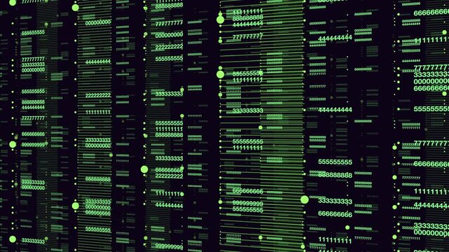 Abstract technology footage of green binary numbers, code columns, and moving light particles on a dark background, ideal for cybersecurity, data, and networks
