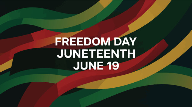 Abstract Juneteenth graphic featuring white Freedom Day text over flowing Pan-African colored waves celebrating June 19th emancipation.