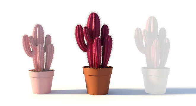 Three potted cactus plants, one vibrant pink, one deep red, and one faded ghosted outline, isolated on a white background