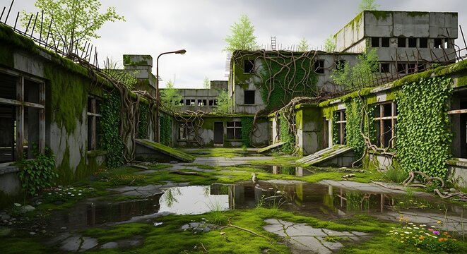 "Abandoned overgrown courtyard with ruined concrete buildings covered in lush green vines and moss, puddles on the ground, post-apocalyptic nature reclaiming scene"