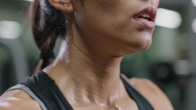 Close-up of a woman's sweaty neck and chest after an intense workout in a gym