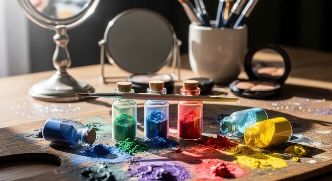 Vibrant cosmetic pigments in delicate glass vials arranged with brushes and makeup tools, showcasing beauty artistry
