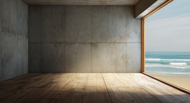 Modern minimalist interior of an empty room with concrete wall and wooden floor, overlooking a scenic view of the ocean through large glass window