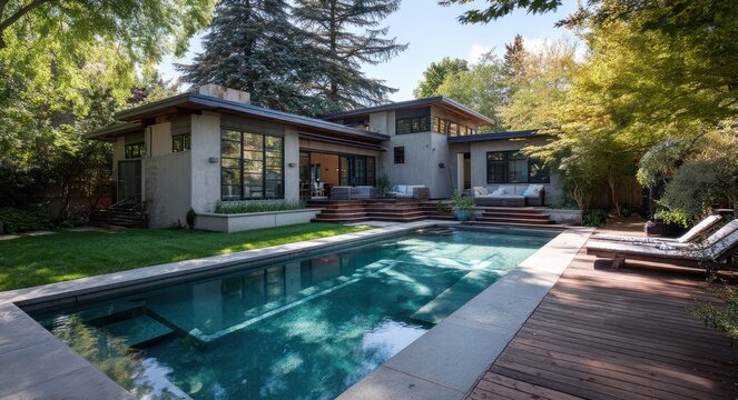 Modern residential house with an outdoor swimming pool surrounded by lush greenery and wooden deck area