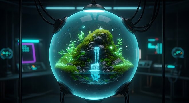 "Futuristic sci-fi scene of a glowing transparent blue spherical orb containing a lush miniature floating island with dense green vegetation, trees, and a cascading waterfall, high-tech laboratory bac