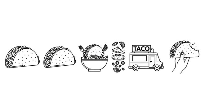 Tacos and taco truck icons line.