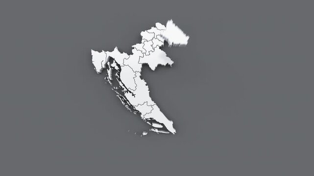 Animated map of Croatia, white map on gray background.