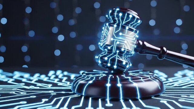 Digital law gavel on circuit board.