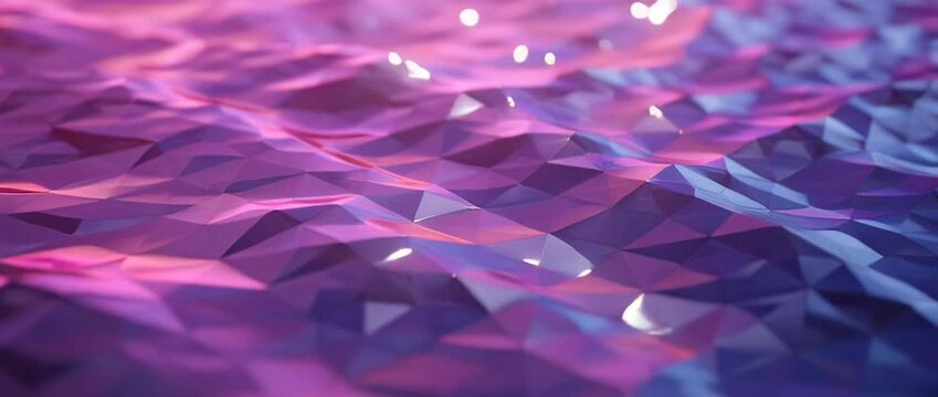 Abstract purple and pink polygonal geometric background with glowing light effects.