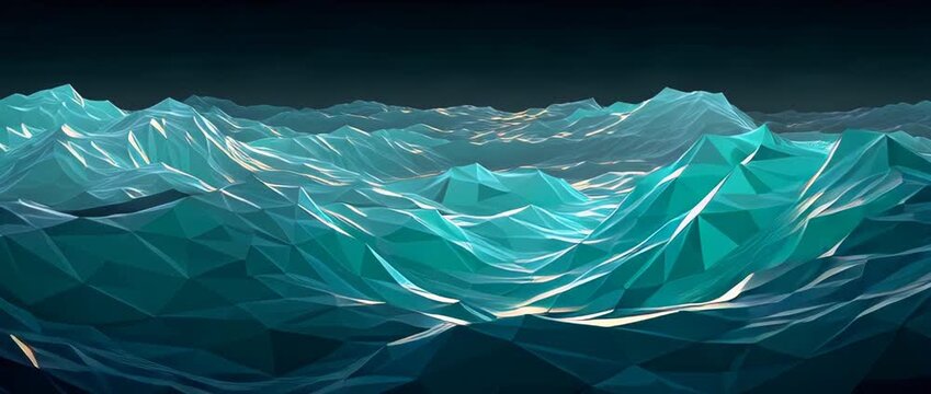 Abstract digital art of a polygonal mountain landscape with blue and teal geometric shapes.