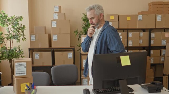 Man leaning at a desk with hand on chin examining stacked parcels and a computer monitor among boxes in a shipping building; pensive planning.