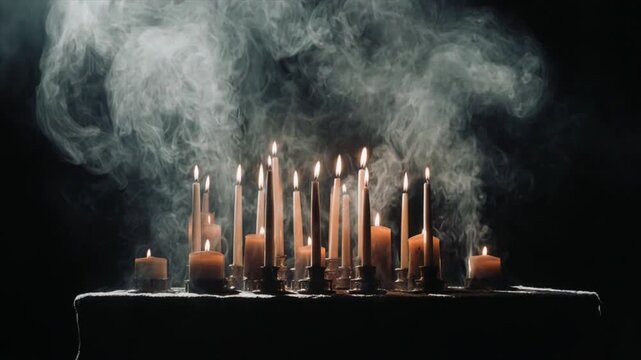 暗闇の祭壇に灯るキャンドル炎と赤外線熱気ゆらぎ 神秘的な陽炎グロー映像